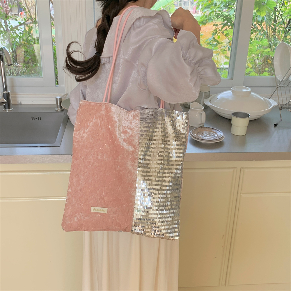 2025S designer new women trendy sparkling pink patchwork silver sequin niche large capacity commuting shoulder canvas bag handbag