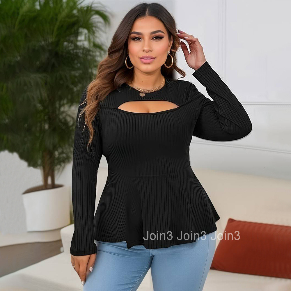 Autumn and Winter Plus Size Womens Round Neck Long Sleeved T-shirt Elegant Commuting Style Slim Fit Solid Color Waist Cinching Top
