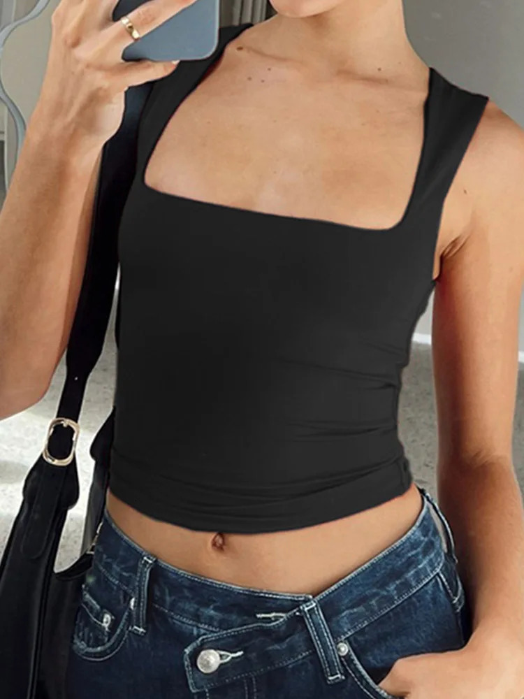Sleeveless Collar Crop Top Women Tank Tops Casual Y2K Summer 2024 Black T Shirts Sexy 250506