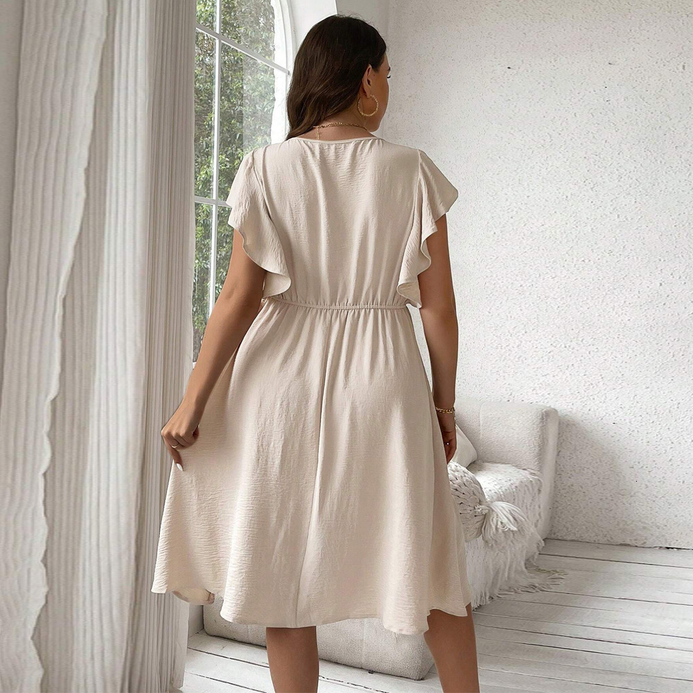 Large Size Womens Summer New Item Vacation Casual V-neck Button Ruffle Edge Dress