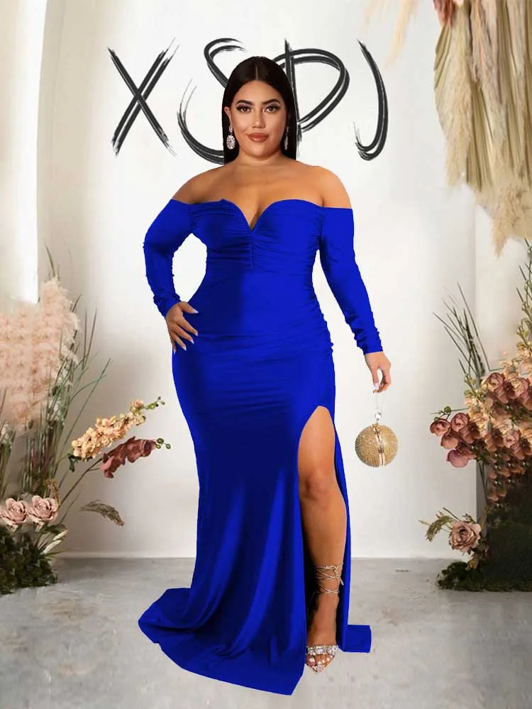 Women Elegant Off The Shoulder Dress Strapless Long Sleeve Evening Party Dress Spring Plus Size Female Side Slit Dress Elegant 250515