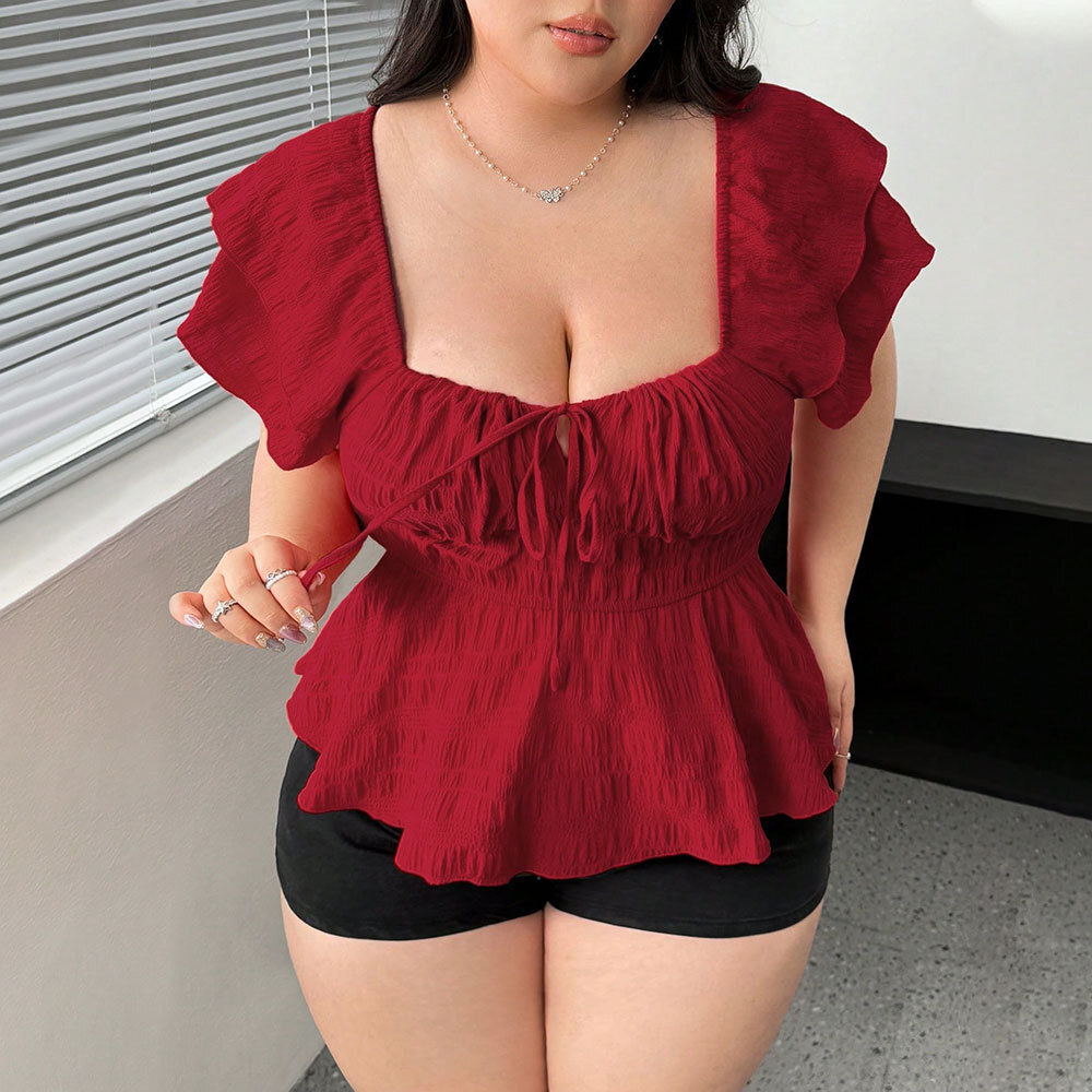 Large Size Womens Sexy Square Neck T-shirt Summer Big Red Sweet and Spicy Waist Cinching Top