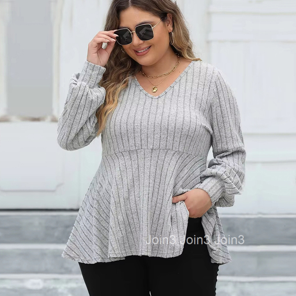 Plus Size Womens Casual T-shirt for Autumn and Winter Loose and Slimming V-neck with Inner Lining and Long Sleeved Top