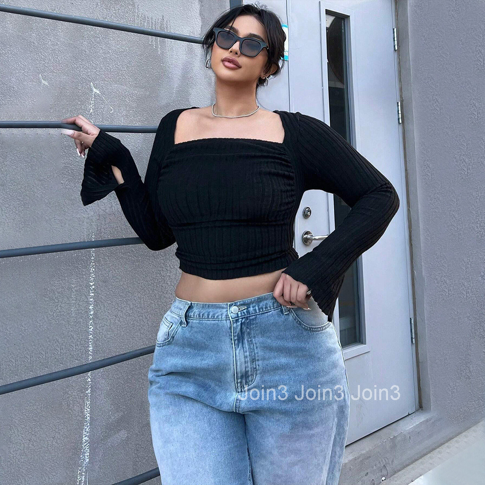 Plus Size Womens Sweet and Spicy Style Square Neck T-shirt Autumn and Winter Trend Short Style Exposed Navel Long Sleeved Top
