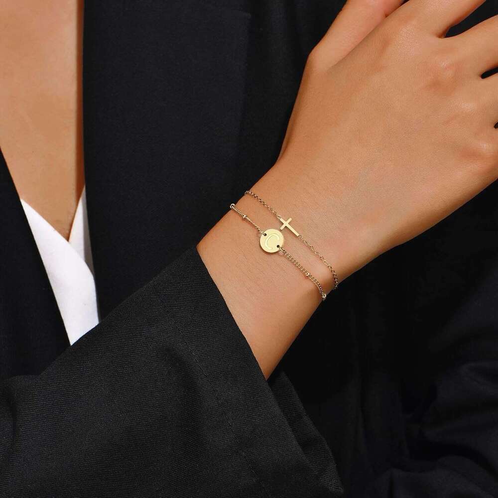 Valentine's Day Exquisite Gold Plated Layered Beaded Initial Plate Letter Faith Cross Bracelet Christian Women's Religious Jewelry Gift