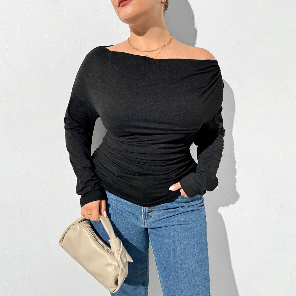 Large Size Womens Elegant One Neck T-shirt for Spring and Summer 2025 New Collection Pleated Slim Fit and Slimming Top