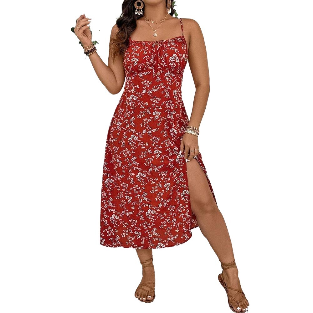 Large Size Womens French Vacation Style Floral Dress Summer Waist Cinching Slimming Camisole Long Dress