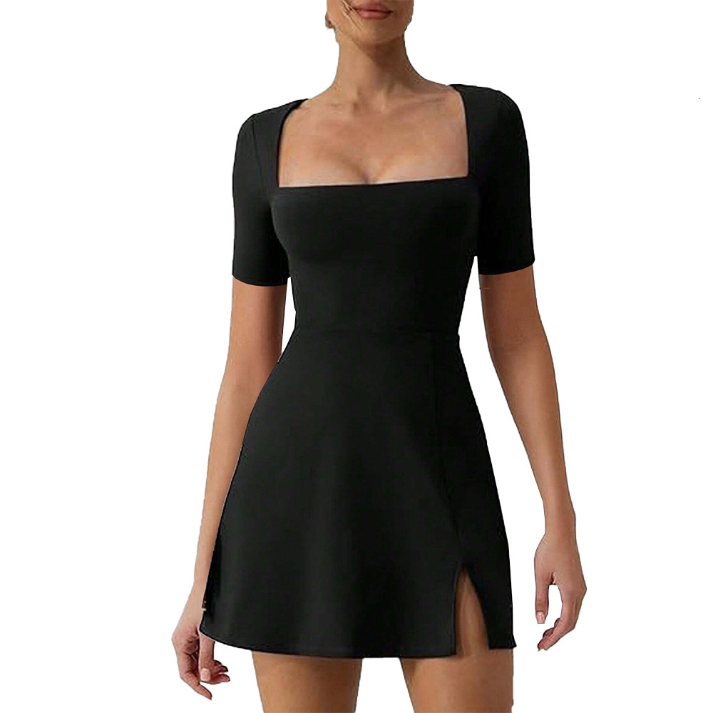 Womens Insspring/summer New Short Sleeve Solid Color Square Neck Slimming High Waist Split Dress