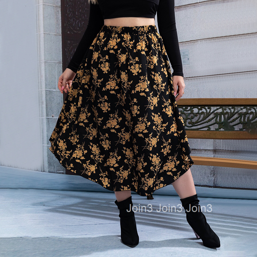 Large Size Womens Versatile Commuting Style Half Skirt with Autumn and Winter High Waist and Drooping Feeling Floral A-line Skirt