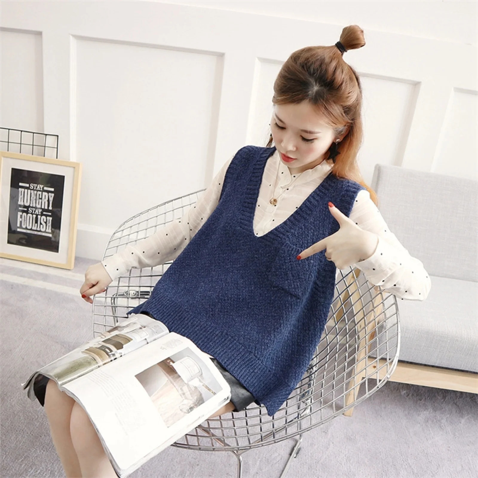 VNeck Knitted Vest Womens Korean Version Pullover Sweater ALine Sleeveless Shoulder Jacket Trend 250506