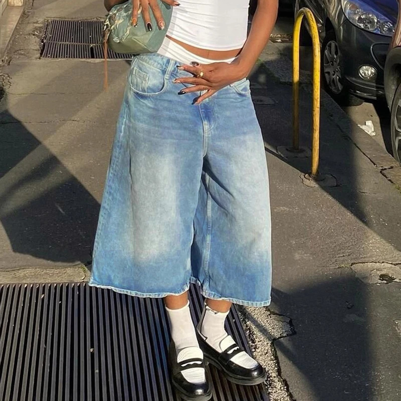 Women Bermuda Denim Shorts Boyfriend Baggy Calf Length Pants Y2k Aesthetic Wide Leg Carpenter Jean American Retro Streetwear 250515