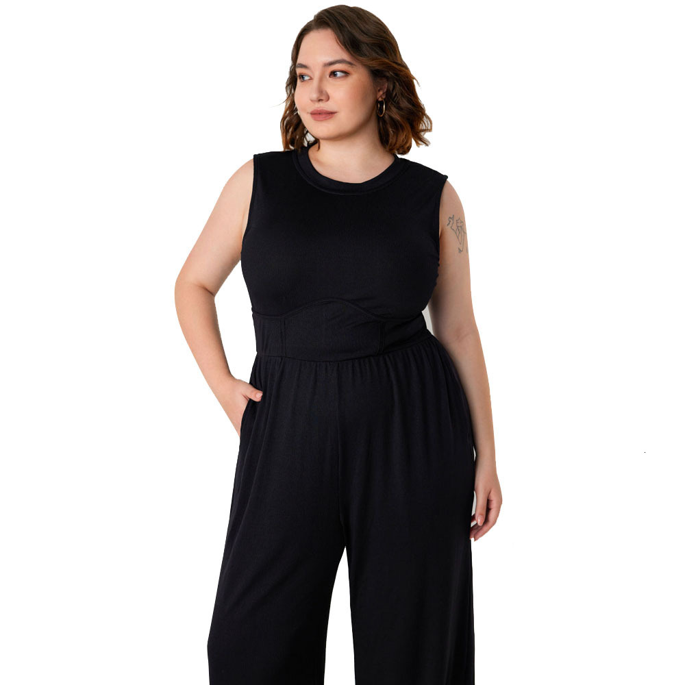 Plus Size Womens Slimming Sleeveless Waist Cinching Fashion Casual Solid Color Versatile Jumpsuit Pants