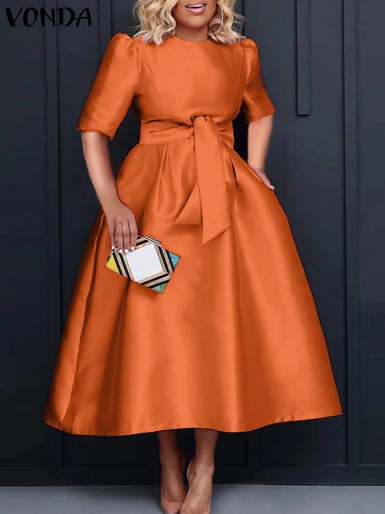 Plus Size Women Stain Dress Summer Sexy Puff Sleeve Evening Party Dress VONDA Beach Sundres Casual Loose Robe Vestidos 250515