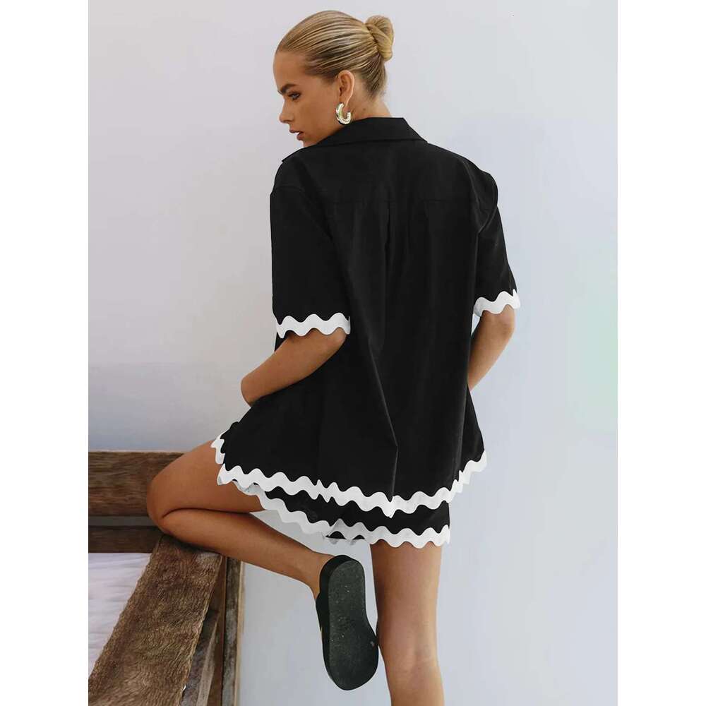 Contrast Trim Shorts Two Piece Set Drap Shoulder High Low Hem Short Sleeve Button Down Shirt Matching Sets