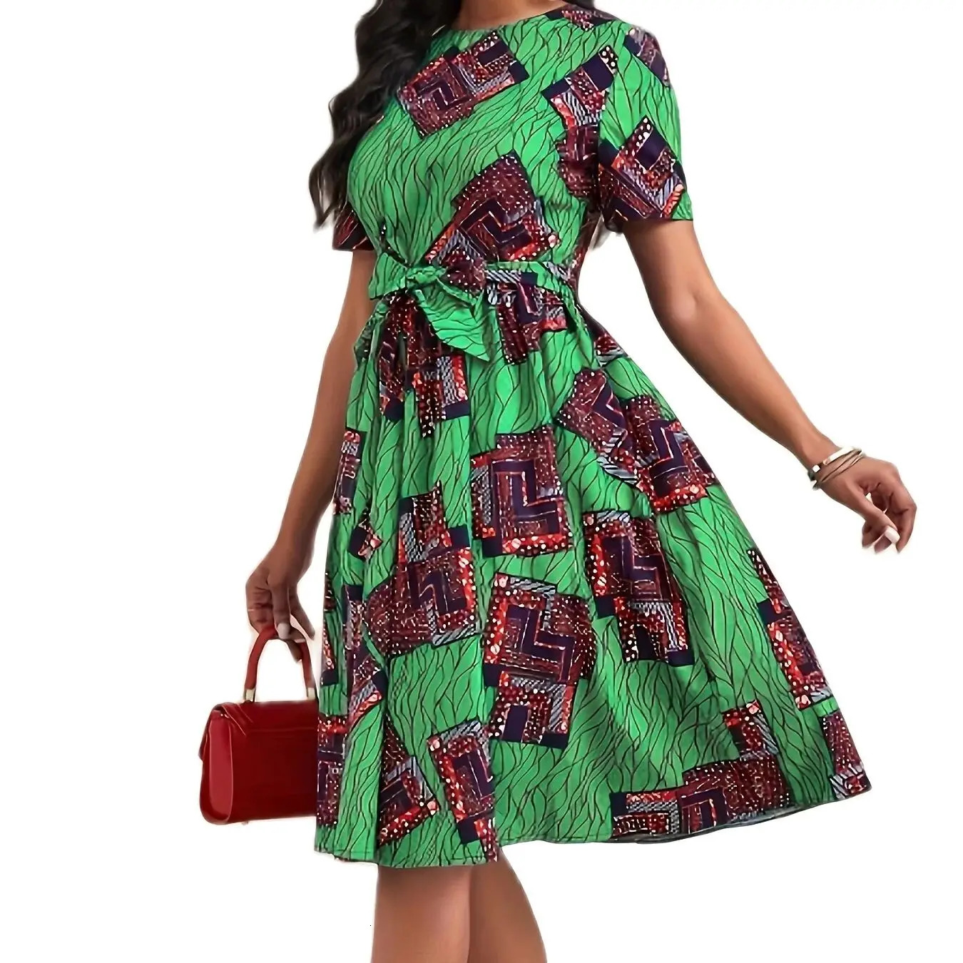 Plus size springsummer tribal print round neck laceup dress a musthave kneelength for dating parties and shopping 250506