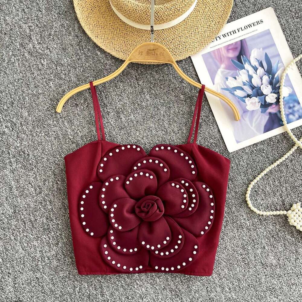 New Summer Women Elegant Chic Tiered Three-dimensional Floral Beading crop Slim vintage Sexy tank Top sweet Beach Camis