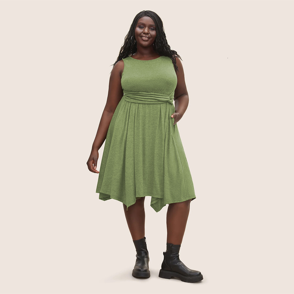 Oversized Womens New Round Neck Sleeveless Vest Pocket Solid Color Irregular Dress