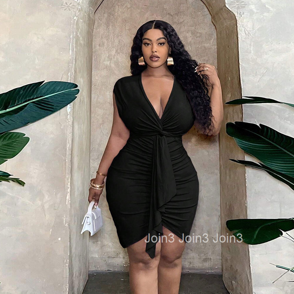 2025 Plus Size Womens Sexy and Pure Desire Dress Summer V-neck Waist Cinched Pleated Hip Hugging Short Skirt