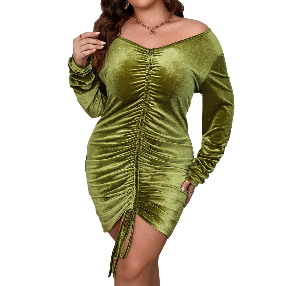 Large Size Womens Autumn and Winter Slim Fit Bag Hip V-neck Long Sleeved Velvet Sexy Party Dress