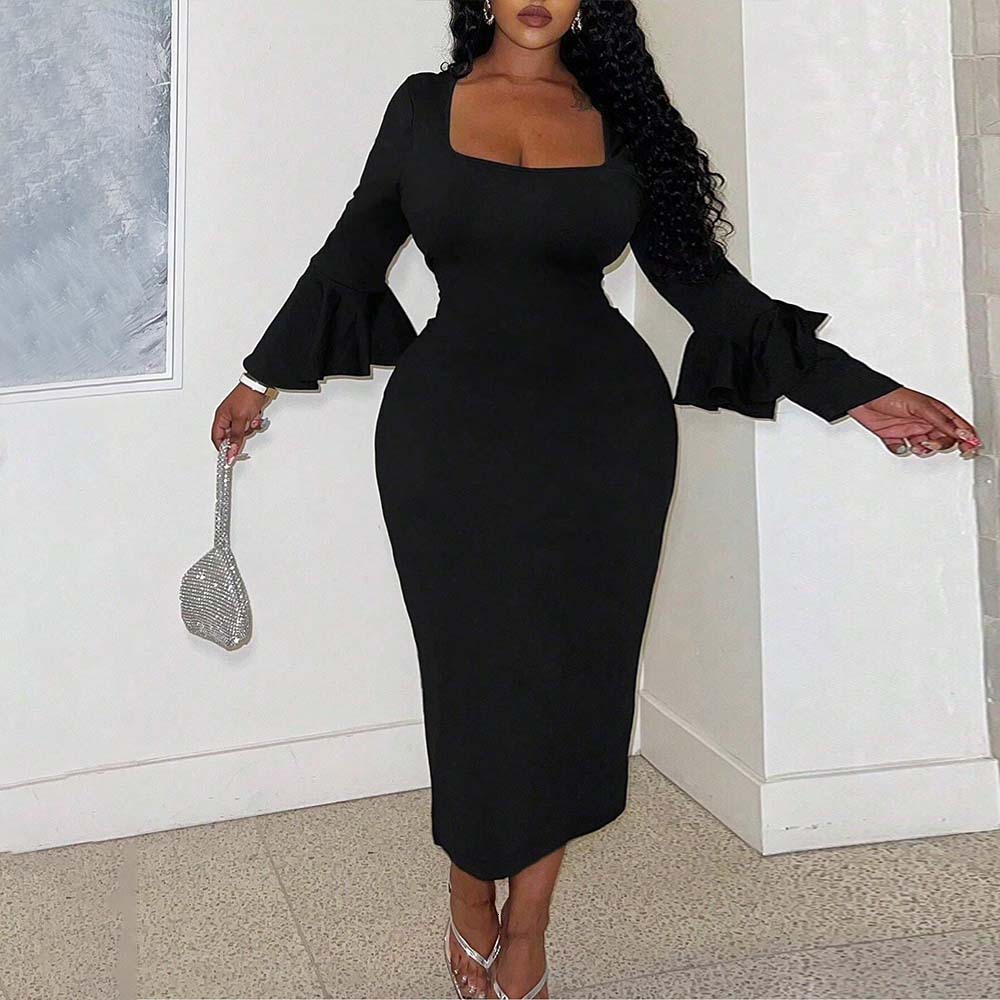 Plus Size Womens Sexy and Elegant Dress Autumn and Winter Square Neck Ruffle Sleeves Slim Fit Mid Length Skirt