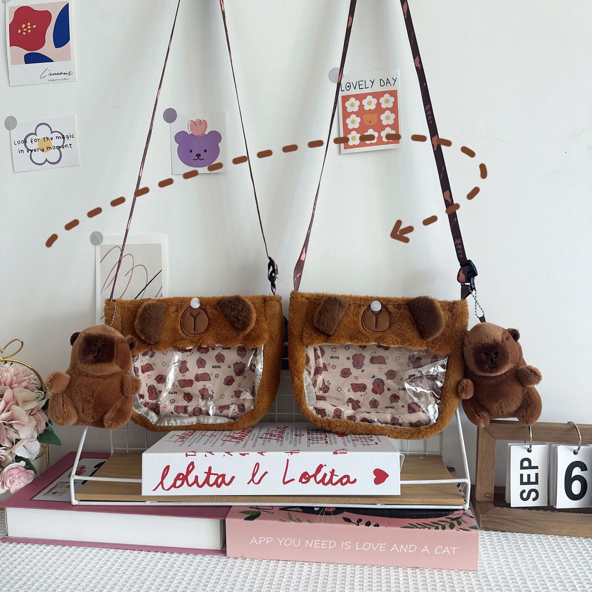 2025S designer ins cute cartoon flower cloth perspective small pain girl diagonal cross mobile phone storage Capibala doll women shoulder bag