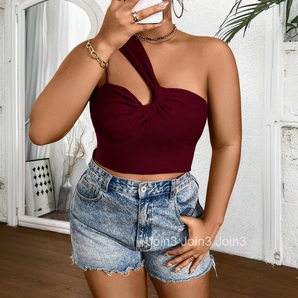 2025 Spring/summer New Large Size Womens Sexy Single Side Strap T-shirt Wine Red Slimming Short Top