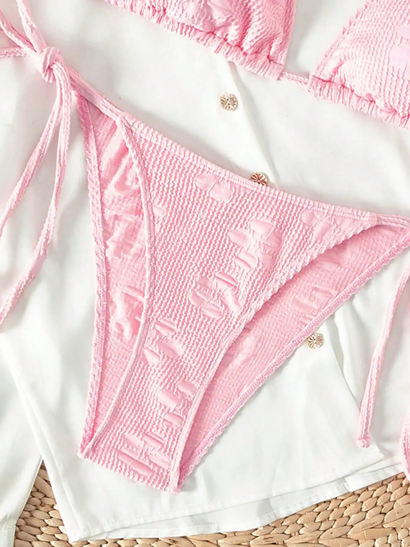 The European and American bikini solid color threepoint sexy pink swimsuit womens split can be adjusted 250506