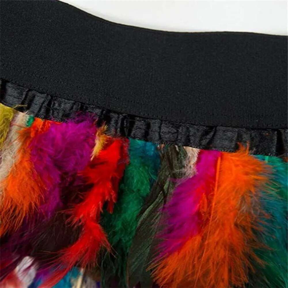 Colorful Faux Feather Women Gothic Punk Stage Performance Party Mini Skirt Sexy Elastic High Waist A-Line Faldas Halloween