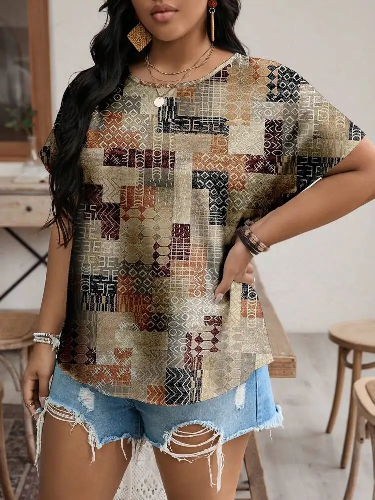 2024 SpringSummer Womens plus size Fashion Printed Round Neck Top Large Tshirt 250514