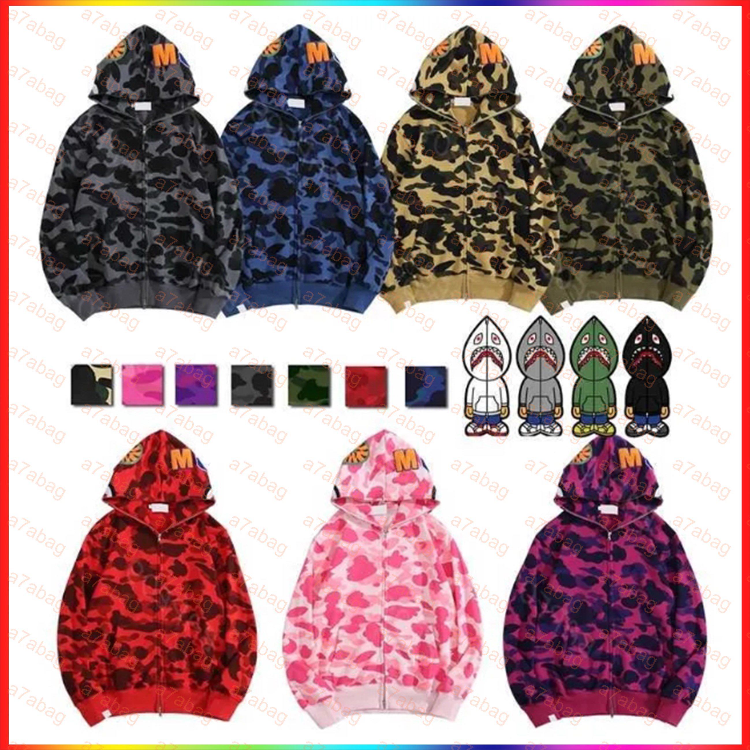5A Designer Hoodie Mens Full Zip Up Shark Hoodies for Woman Black White Camouflage bapetshirts hoodie Sweatshirt Man Womens Long Sleeve bapetshirts