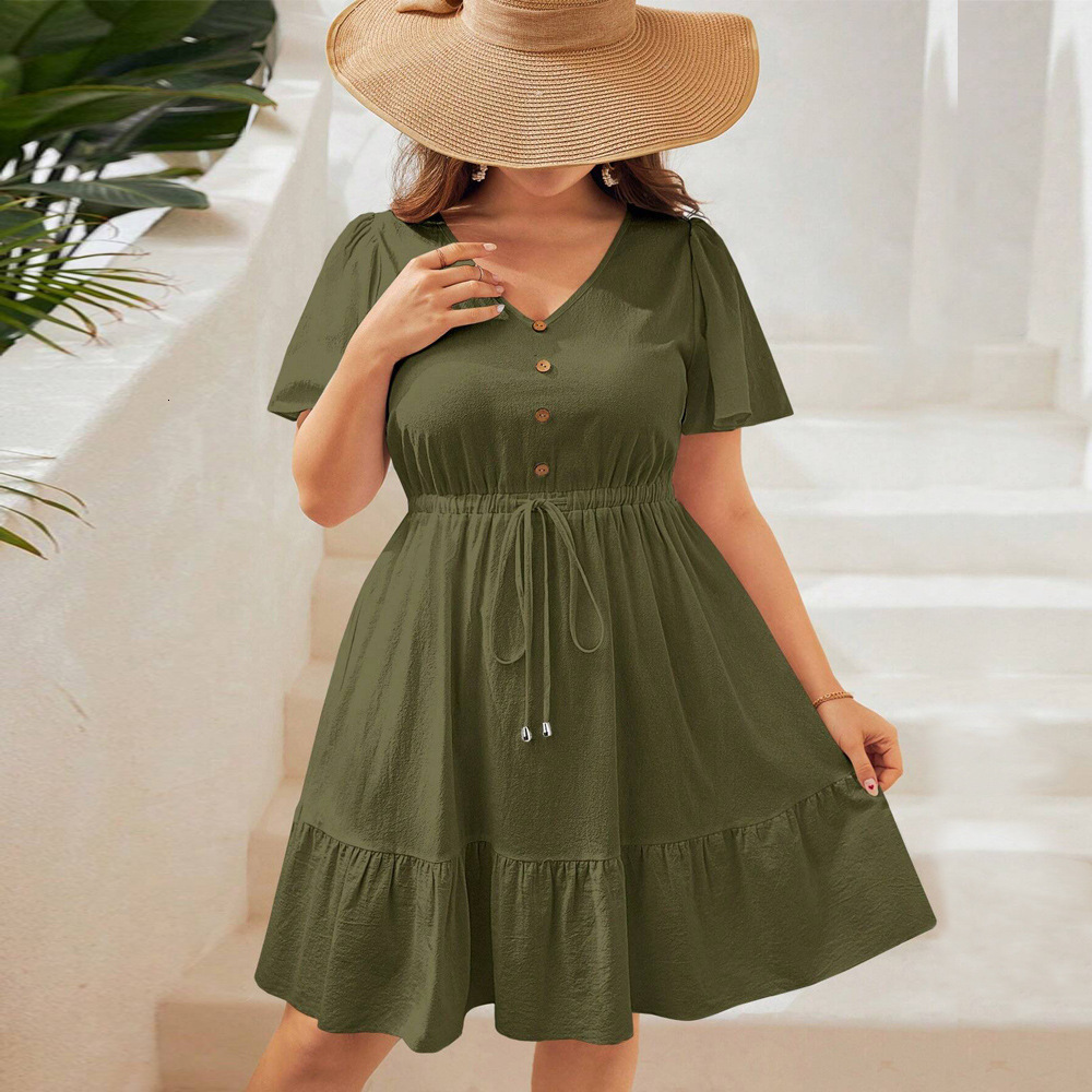 Summer Large Womens Style Short Sleeve Waist Strap Holiday Dress