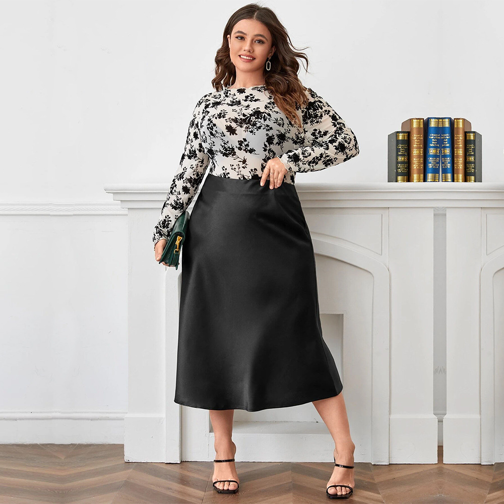 Large Size Womens High Waisted Zipper A-line Skirt Satin Complexion Ding Temperament Sexy Party Skirt