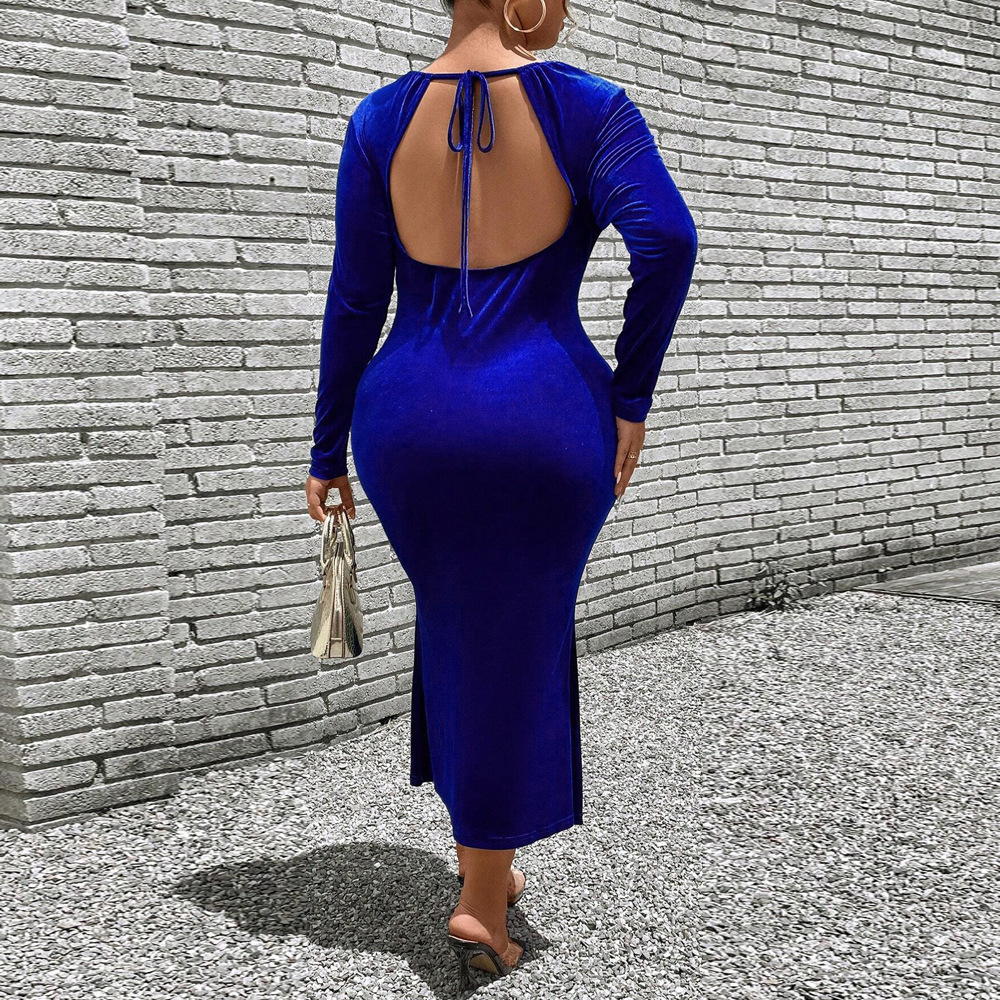 Plus Size Womens Clothing Socialite Style Korean Velvet Dress Autumn and Winter Blue Seductive Temperament Long Skirt