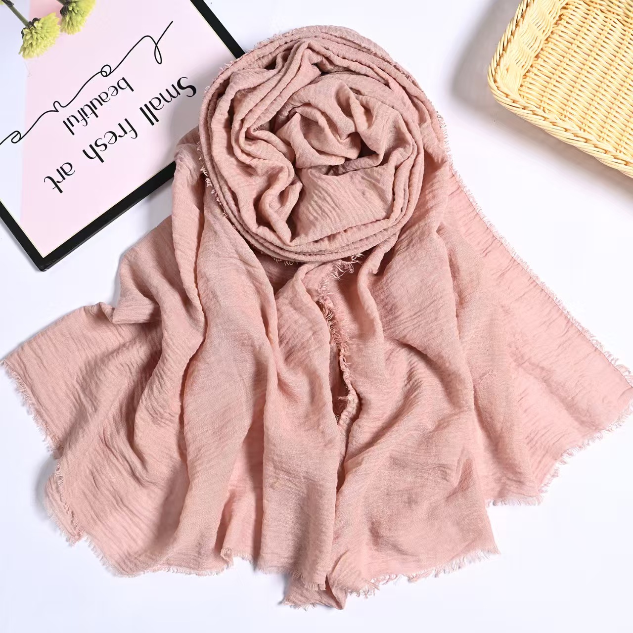 T727 European and American encrypted high quality bubble wrinkle monochrome cotton and linen scarf solid color hair beard head scarf wrinkle pleated s