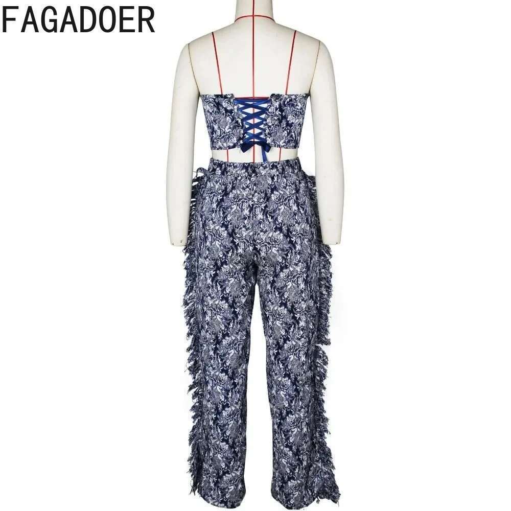 FAGADOER Vintage Printing Sexy Tassels Straight Pants Two Piece Sets For Women Lace Up Tube+Trousers Outfits Fashion Streetwear