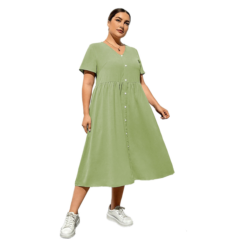 Spring/summer New V-neck Short Sleeve Knee Over Skirt Solid Color Loose High Waist Dress