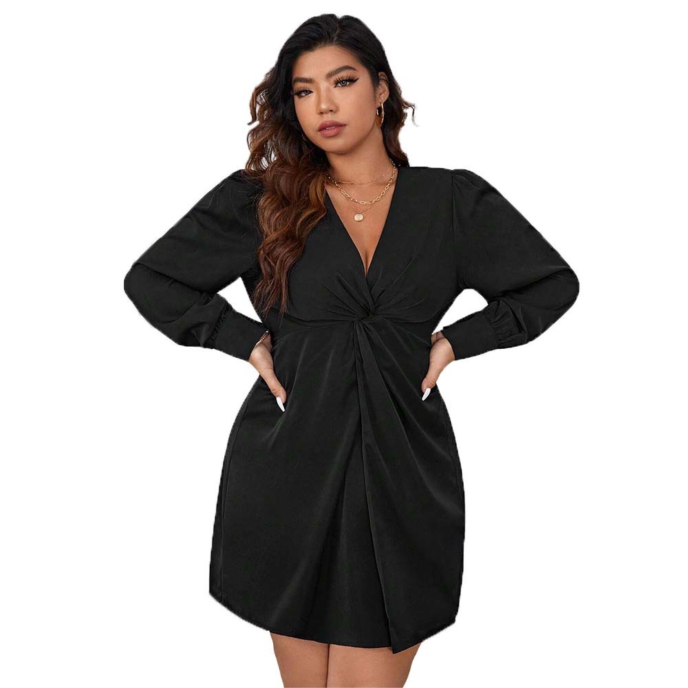 Plus Size Womens Elegant V-neck Dress Autumn and Winter High-end Fashion Temperament Short Skirt