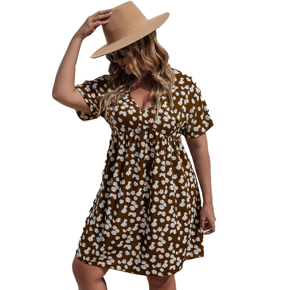 Summer Plus Size Womens Dress with Waist Cinching and Large Swing A-line Skirt Vacation Style Printed Dress