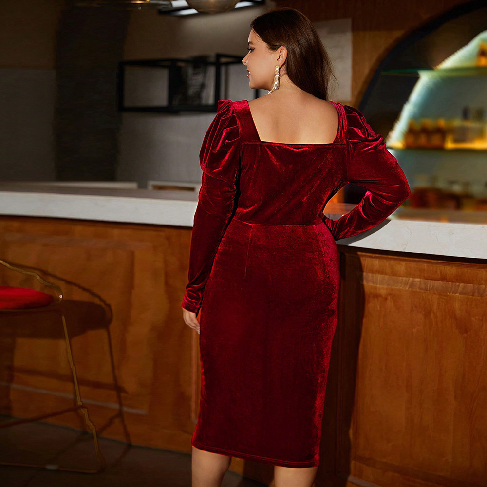 Large Size Womens Socialite Wine Red Dress Autumn and Winter Elegant Evening Dress Mid Length Skirt