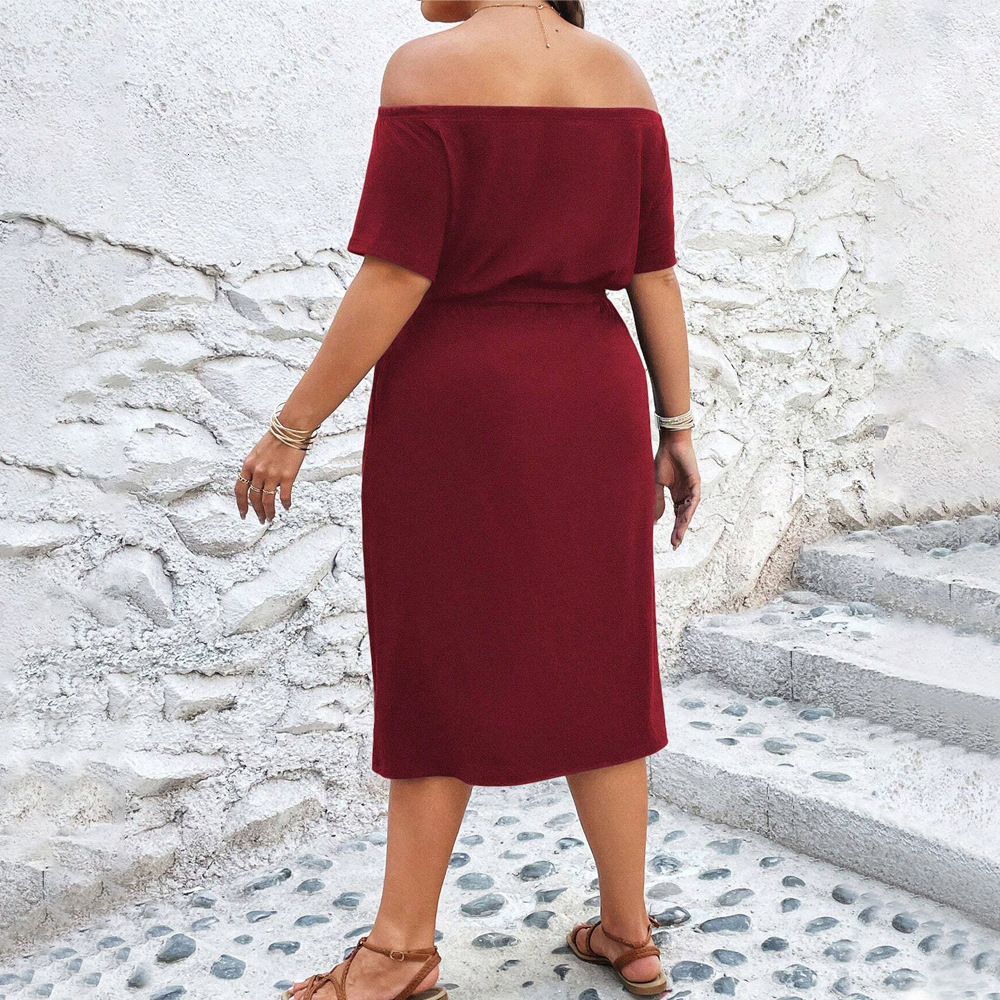 Plus Size Womens Vacation Style Red Dress Summer One Neck Beach Midi Skirt
