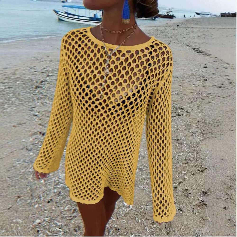 DRC Female Sheer Loose Beach Holiday Mini Dresses Sexy Hollow Out Knit Dress Women Summer Splice Knitwear Cover Up