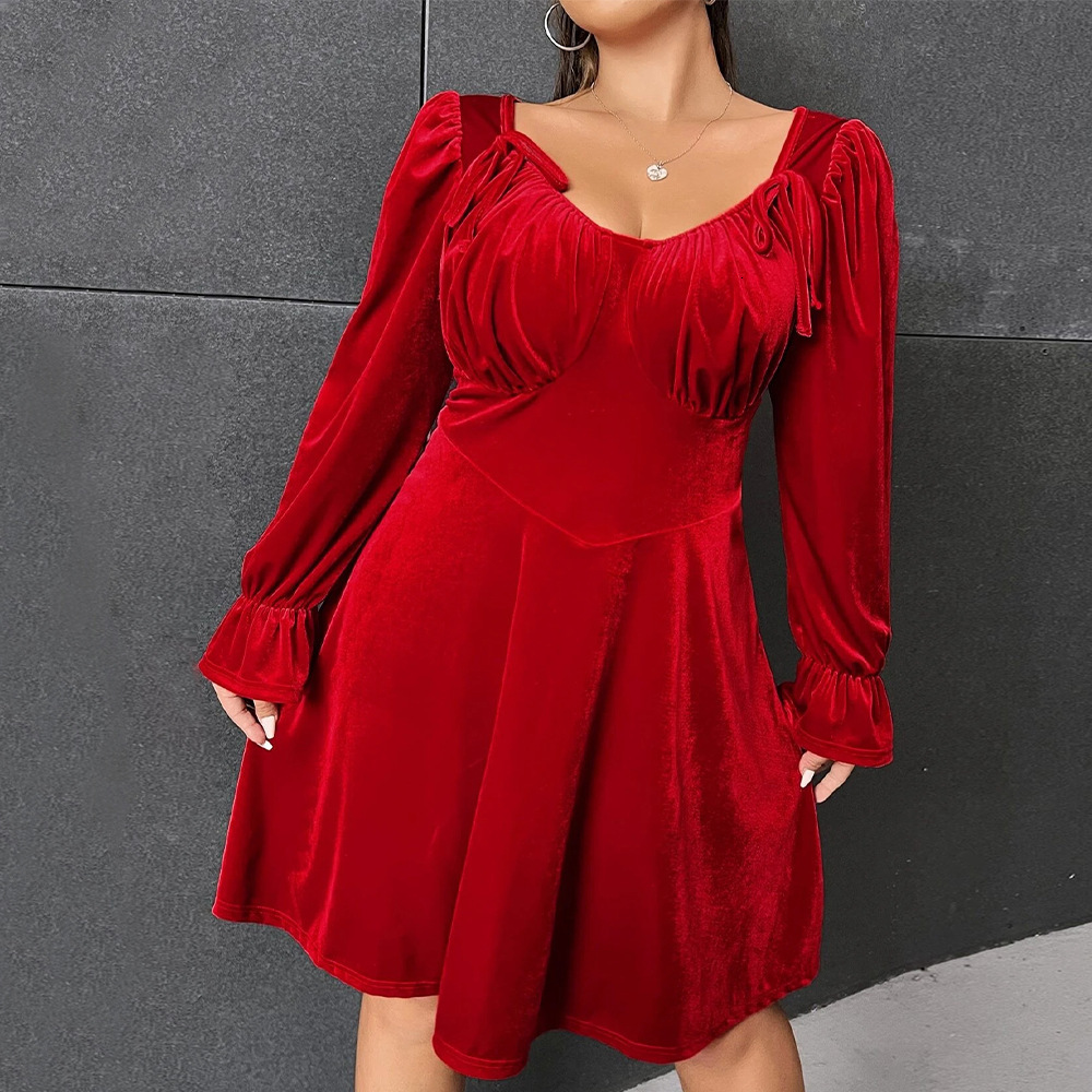 Large Size Womens Clothing Autumn and Winter New Collection Waist Cinching and Swinging Short Skirt Long Sleeved Velvet Party Dress