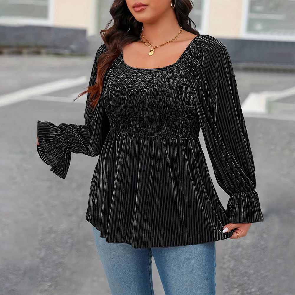 Plus Size Womens Square Neck Flared Sleeve T-shirt Autumn and Winter Elegant Waist Cinching Slimming Velvet Top
