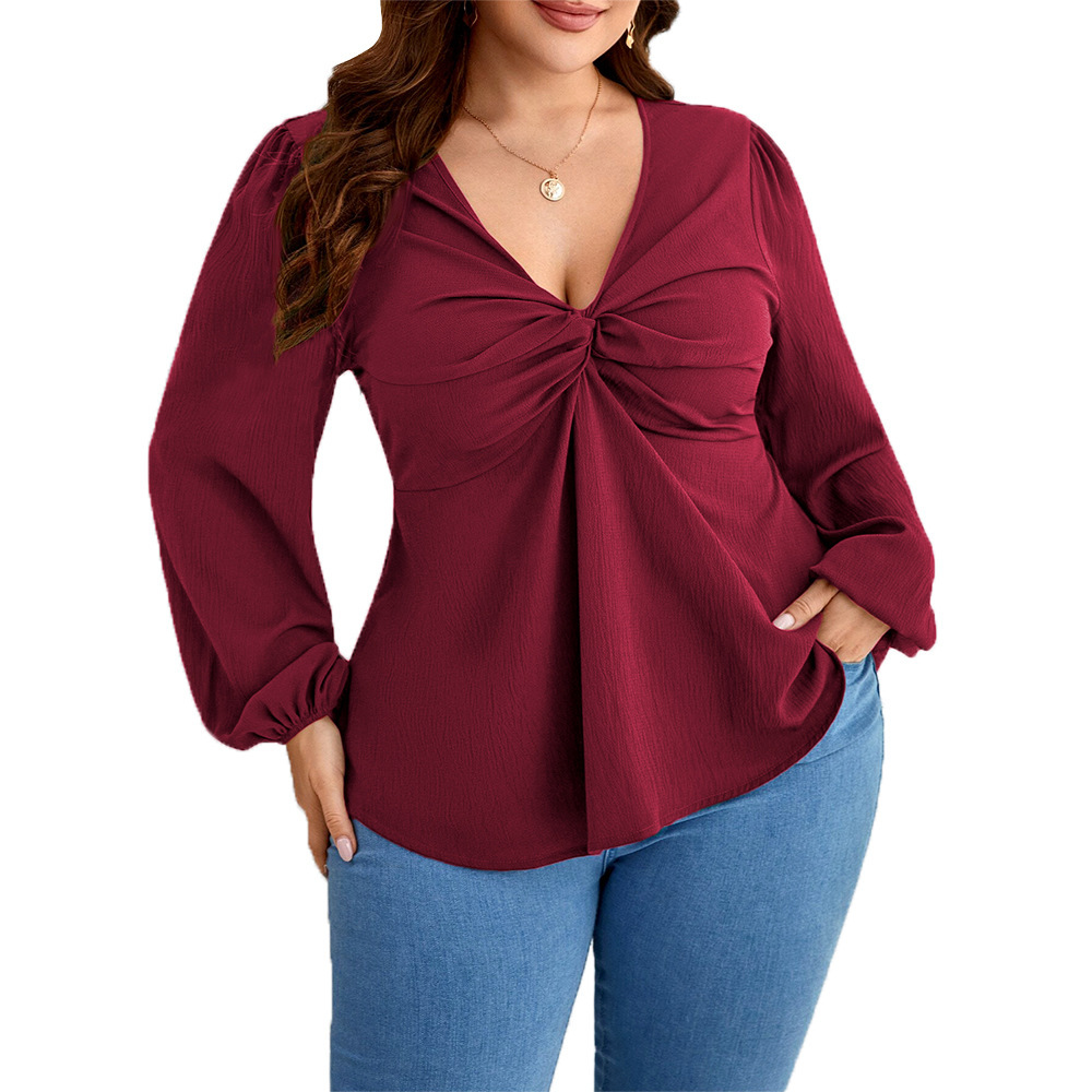 Plus Size Womens Clothing Queen Lady Style V-neck T-shirt Autumn and Winter Fashion Anti-aging Wine Red Top