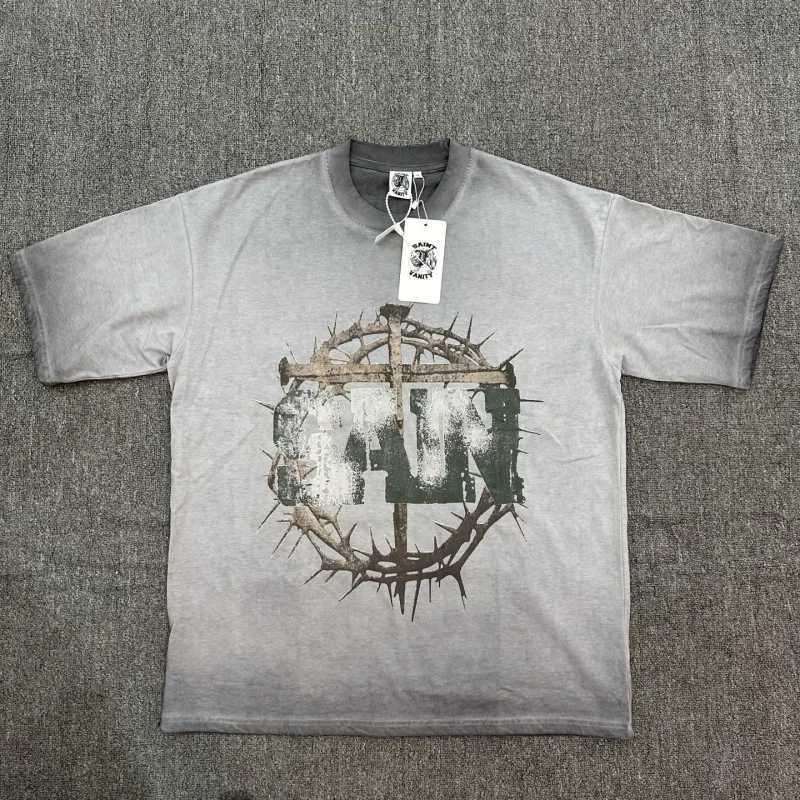 SAINT VANITY Thorn Graphic Vintage Washed Tee Casual Loose Fit Street Style FashionT250516