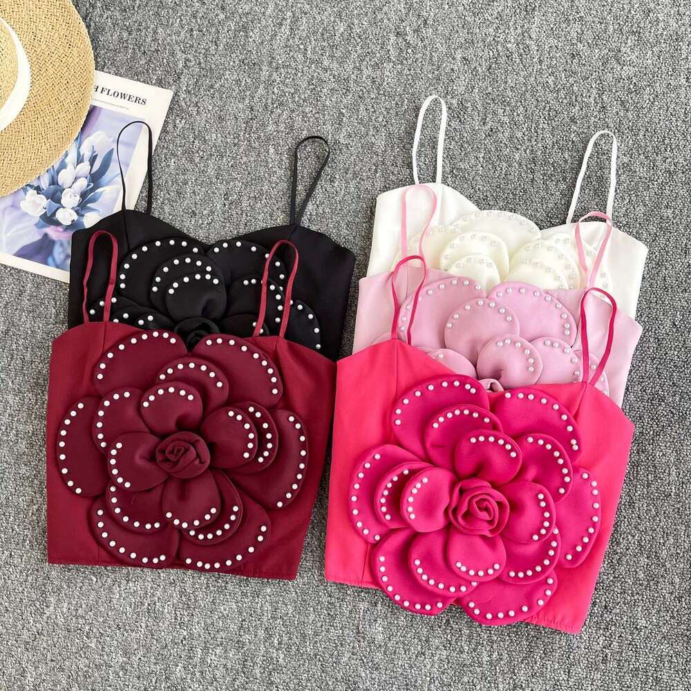 New Summer Women Elegant Chic Tiered Three-dimensional Floral Beading crop Slim vintage Sexy tank Top sweet Beach Camis