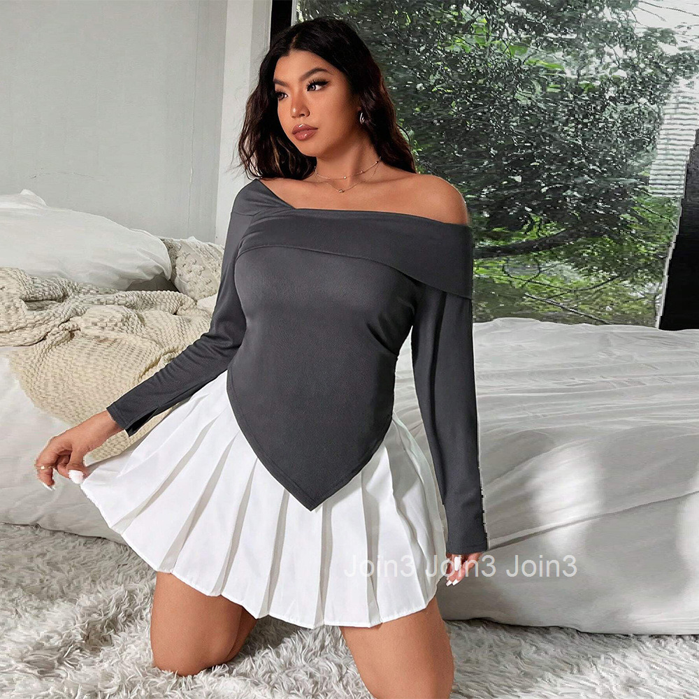 Large Size Womens Mature Pure Desire T-shirt Autumn and Winter Off Shoulder Sexy Design Short Top