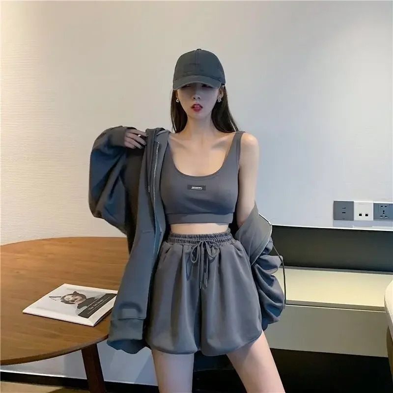 Plus Size 2024 Womens Fashion Suit Hooded Zipper Jacket Thin Loosefit Pants Vest Threepiece Set Trendy 250506