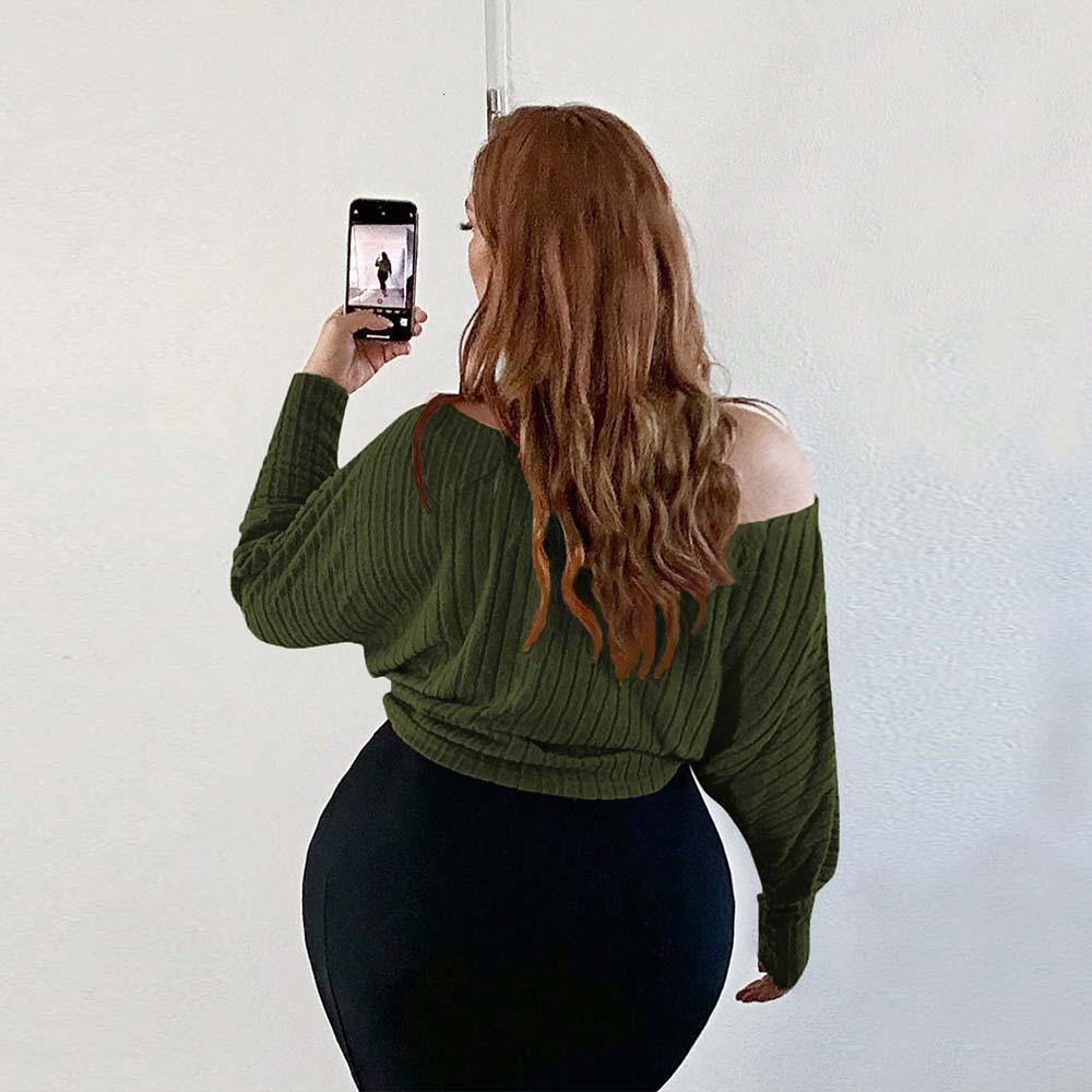 Autumn and Winter New Plus Size Womens Sexy Off Shoulder One Neck T-shirt Fashionable Casual Top