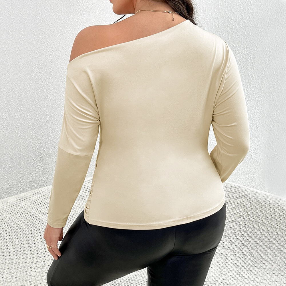 Large Size Womens Autumn/winter Sloping Collar Sexy Off Shoulder Slim Fit Solid Color Temperament Long Sleeved T-shirt Top